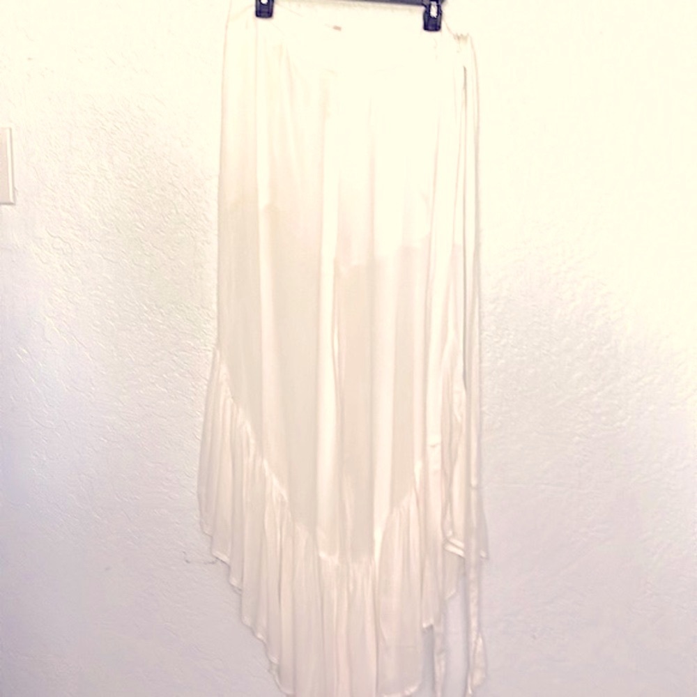 Affection  Rayon Cream Ruffle Hem Wide Leg Asymmetrical Loose Pants